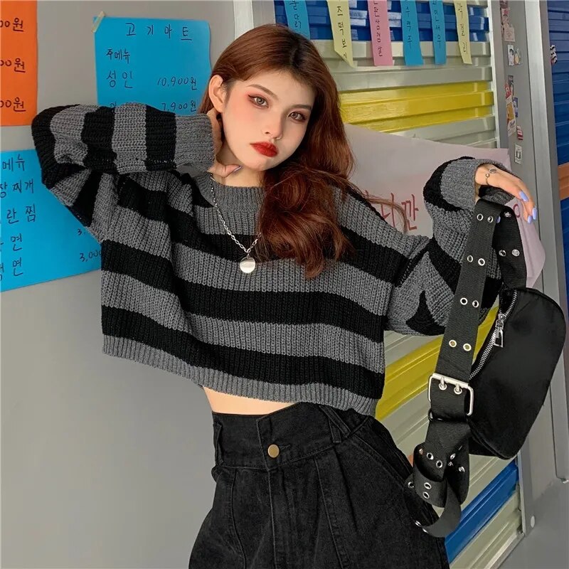 패션 자른 스웨터 섹시한 탑 여성 블랙 화이트 스트 라이프 느슨한 풀오버 니트 스웨터 여성 한국어 패션 점퍼 Y2K